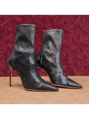Stuart Weitzman Women 100 Pointy Toe Black Leather Fashion Party Boots sz 10